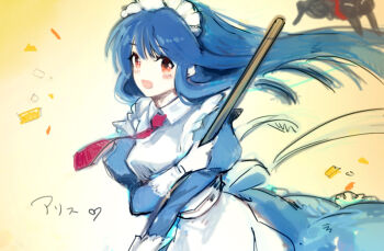 Rule 34 | 1girl, alice (ragnarok online), apron, black cat, blonde hair, blue dress, blue hair, blush, cat, commentary request, cowboy shot, dress, floating hair, gloves, gobaku no hito, juliet sleeves, long hair, long sleeves, looking at viewer, maid, maid headdress, necktie, open mouth, puffy sleeves, ragnarok masters, ragnarok online, red eyes, red necktie, smile, solo, white apron, white gloves, yellow background