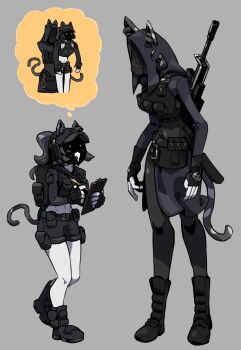 2girls animal_ears baseball_cap belt black_boots bodysuit bodysuit_under_clothes boots cat_ears cat_girl cat_tail clipboard colored_skin commentary covered_navel crop_top cropped_jacket ears_through_headwear english_commentary fingerless_gloves gloves grey_background gun gun_on_back hat headset highres hood hood_up lifting_person longcat_(meme) mask meme mr_plagu3 multiple_girls navel original ponytail short_shorts shorts simple_background speech_bubble tail tall_female thought_bubble utility_belt weapon weapon_on_back white_skin writing