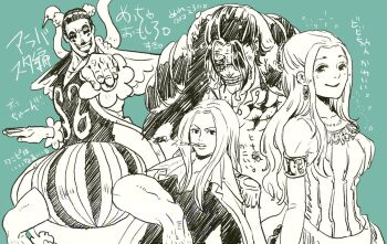 Rule 34 | 2boys, 2girls, blue background, bon clay, cigarette, coat, coat on shoulders, commentary request, crocodile (one piece), earrings, epaulettes, greyscale with colored background, hina (one piece), jewelry, leg hair, long hair, makeup, multiple boys, multiple girls, nefertari vivi, ohthekin, one piece, short hair, sidelocks, smile, stitched face, stitches, wings