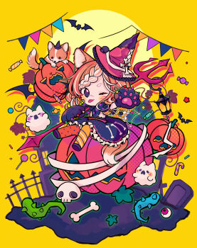 1girl absurdres animal_ears animal_hands bat_(animal) black_hat black_shoes blue_skirt blush_stickers bone candy candy_cane chibi chibi_only closed_mouth commentary dog food fox_ears fox_girl fox_tail frilled_skirt frills full_body ghost gloves halloween hat highres holding holding_polearm holding_weapon inomo_(qimoshu) lantern long_hair looking_at_viewer multicolored_hair one_eye_closed orange_hair orange_pantyhose original outstretched_arm pantyhose paw_gloves polearm purple_eyes shirt shoes short_sleeves simple_background sitting skirt skull solo streaked_hair symbol-only_commentary tail tongue tongue_out trident weapon white_hair white_shirt yellow_background
