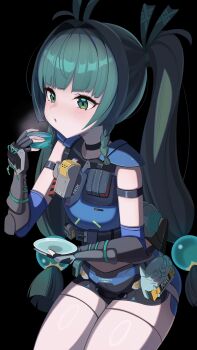 1girl absurdres android arm_strap black_background black_gloves black_shorts blowing blue_shorts blush braid breasts commentary_request cowboy_shot cup dyboluo fingerless_gloves gloves green_eyes green_hair hair_ornament highres holding holding_cup holding_plate long_hair multicolored_shorts open_mouth plate police police_uniform policewoman qingyi_(zenless_zone_zero) shorts side_braids simple_background small_breasts solo sphere_hair_ornament steam tea twintails zenless_zone_zero