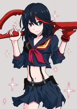 1girl absurdres black_hair blue_eyes commentary_request gloves highres kill_la_kill looking_at_viewer matoi_ryuuko multicolored_hair navel red_hair red_streaks school_uniform scissor_blade_(kill_la_kill) serafuku short_hair single_glove smile star_(symbol) star_symbol_background streaked_hair suspenders two-tone_hair vemonosuke
