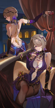 Rule 34 | 1girl, absurdres, ass, back, bare shoulders, black gloves, black pantyhose, breasts, brown hair, butt crack, chinese commentary, commentary request, dress, elbow gloves, fingernails, gloves, hair over one eye, highres, honkai (series), honkai impact 3rd, large breasts, looking at viewer, mole, mole under eye, multicolored hair, multiple views, nail polish, pantyhose, parted lips, pink eyes, pink nails, pouring, purple dress, rita rossweisse, rita rossweisse (miss espionage), short hair, single elbow glove, smile, streaked hair, yuan zhen