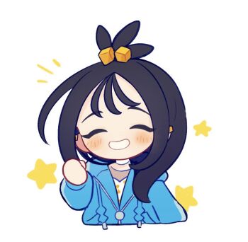 1girl ^_^ black_hair blue_hoodie blush chibi chibi_only closed_eyes commentary cropped_torso cube_hair_ornament drawstring facing_viewer grin hair_ornament hand_up hood hood_down hoodie inomo_(qimoshu) lida_(pokemon) long_hair long_sleeves nintendo notice_lines pokemon pokemon_legends:_z-a simple_background smile solo star_(symbol) white_background