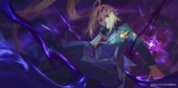 1boy absurdres ahoge arm_out_of_sleeve black_coat black_gloves black_pants blonde_hair bracelet closed_mouth coat commentary_request finger_to_mouth gloves grey_eyes half_gloves heterochromia highres holding holding_suitcase hugo_vlad jewelry lapel_pin long_hair looking_at_viewer male_focus mole mole_under_eye necktie pants pointy_ears purple_background purple_necktie purple_shirt red_eyes shirt shirt_tucked_in shushing single_glove single_half_glove sleeves_rolled_up solo suitcase tu_pao_diao_yu_shao zenless_zone_zero