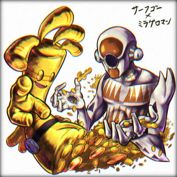 2others belt chromatic_aberration coin commentary dreadlocks fang fumirumochigashin gholdengo gold gold_coin highres hole_in_face hole_in_hand jojo_no_kimyou_na_bouken jojolion milagroman_(stand) money multiple_others nintendo no_humans no_pupils pointing pointing_at_viewer pokemon pokemon_(creature) simple_background smile stand_(jojo) trait_connection translated white_background yellow_eyes