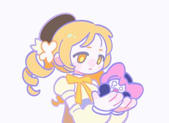 &gt;_&lt; +_+ 1girl :t ^^^ animated animated_gif beret blonde_hair bow bowtie brown_corset brown_hat charlotte_(madoka_magica) chewing chinese_commentary closed_mouth closing_eyes collared_shirt commentary_request corset creature crying crying_with_eyes_open detached_sleeves drill_hair dripping eating flat_color flower_hairpin frown hat hat_feather high_collar highres holding holding_creature long_hair long_sleeves mahou_shoujo_madoka_magica mahou_shoujo_madoka_magica_(anime) no_gloves o_o open_mouth puffy_long_sleeves puffy_short_sleeves puffy_sleeves renzhi00334233 scared shirt short_sleeves simple_background solo sparkling_eyes teardrop tears tomoe_mami tomoe_mami_(magical_girl) trembling twin_drills upper_body wavy_mouth white_background white_shirt white_sleeves witch_(madoka_magica) yellow_bow yellow_bowtie yellow_eyes yellow_pupils