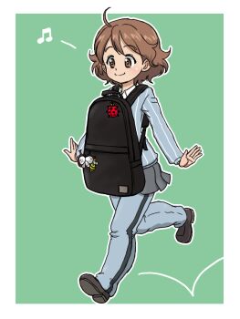 Rule 34 | 1girl, adapted costume, ahoge, backpack, bag, bee, bee ornament, black bag, blue pants, blue sweater, brown eyes, brown hair, bug, butterfly, butterfly ornament, charm (object), collared shirt, curly hair, front backpack, girls und panzer, girls und panzer saishuushou, green background, grey shoes, grey skirt, insect, keizoku school uniform, ladybug, ladybug ornament, miniskirt, musical note, outstretched arms, pants, pants under skirt, pleated skirt, reino (girls und panzer), rhinoceros beetle, rhinoceros beetle ornament, school uniform, shirt, shoes, short hair, simple background, skipping, skirt, smile, spread arms, sweater, takahashi kurage, track pants, vertical-striped sweater, white shirt