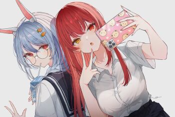2girls :o alternate_costume animal_ear_fluff animal_ears black_sailor_collar blue_hair braid breasts carrot_hair_ornament cellphone collared_shirt commentary_request crossed_bangs dress_shirt drink_carton drinking drinking_straw fingernails food-themed_hair_ornament glasses hair_between_eyes hair_ornament hair_over_shoulder heterochromia holding holding_carton holding_phone hololive houshou_marine large_breasts long_fingernails long_hair looking_at_viewer looking_over_eyewear milk_carton multiple_girls orange_eyes parted_lips phone rabbit-shaped_pupils rabbit_ears rabbit_girl red_eyes red_hair round_eyewear sailor_collar school_uniform selfie shirt short_eyebrows short_sleeves simple_background smartphone symbol-shaped_pupils thick_eyebrows uo_illust usada_pekora v very_long_hair virtual_youtuber w watermark white_background white_shirt yellow_eyes