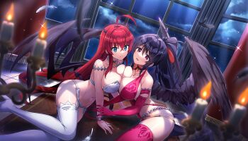 2girls ahoge angel_wings ass asymmetrical_wings black_hair black_wings blue_eyes blush breasts cleavage demon_girl demon_wings dolphin_wave elbow_gloves fallen_angel feathered_wings female_focus gloves hair_between_eyes high_school_dxd highres himejima_akeno huge_breasts large_breasts long_hair looking_at_viewer mismatched_wings multiple_girls navel non-web_source open_mouth ponytail purple_eyes red_hair rias_gremory smile thighhighs underwear very_long_hair wings