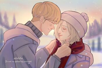 Rule 34 | 1boy, 1girl, adjusting another's clothes, annie leonhart, armin arlert, blonde hair, blurry, blurry background, blush, closed eyes, coat, commentary, couple, gofuzen, grey coat, grey sweater, hair between eyes, hat, hetero, highres, hood, hood down, medium hair, outdoors, red scarf, ribbed sweater, scarf, shingeki no kyojin, short hair, smile, sweater, symbol-only commentary, turtleneck, turtleneck sweater, twitter username, upper body, white hat, winter, winter clothes