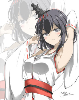 1girl armpits artist_name black_hair blush breasts dated detached_sleeves embarrassed gakky hair_ornament highres japanese_clothes kantai_collection medium_breasts nontraditional_miko obi red_eyes sash school_uniform serafuku short_hair solo yamashiro_(kancolle) zoom_layer