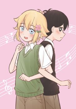 Rule 34 | 2boys, antenna hair, basil (faraway) (omori), basil (omori), black eyes, black hair, black sweater vest, blonde hair, blue eyes, blush, bright pupils, brown shorts, collared shirt, commentary, double-parted bangs, flower, green sweater vest, hair between eyes, hair flower, hair ornament, highres, locked arms, male focus, multiple boys, musical note, musical staff, omori, open mouth, parted lips, pink background, segue5o, shirt, short hair, short sleeves, shorts, sidelocks, simple background, smile, sunny (omori), sweater vest, symbol-only commentary, teeth, treble clef, upper teeth only, white pupils, white shirt