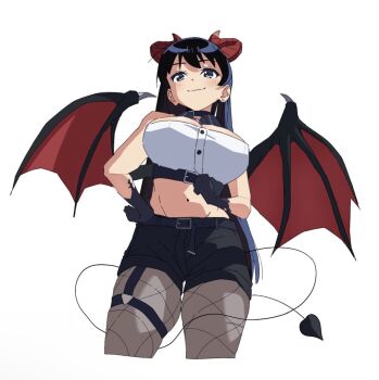 1girl arato_nagi bare_shoulders black_gloves black_hair black_shorts breasts closed_mouth cropped_legs dai_11261688u demon_horns demon_tail demon_wings earrings fake_horns fake_tail fishnet_pantyhose fishnets gloves grey_eyes horns jewelry large_breasts long_hair looking_at_viewer looking_down midriff navel official_alternate_costume pantyhose ruri_no_houseki short_shorts shorts simple_background smile stomach stud_earrings tail very_long_hair white_background wings