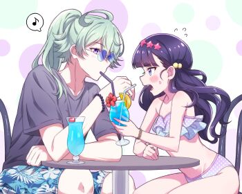 1boy 1girl bikini blue_eyes blunt_bangs blush couple cup delicious_party_precure drinking_glass frilled_bikini frills green_hair hair_ornament hawaiian_clothes hetero highres kasai_amane kyoutsuugengo long_hair narcistoru precure purple_eyes purple_hair shared_drink shirt simple_background sitting swimsuit