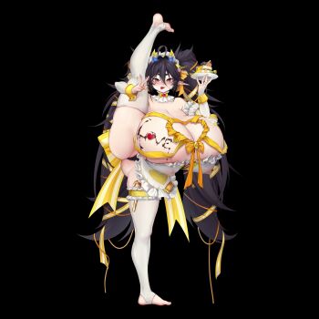 1girl apron black_background black_hair blush body_writing breasts cake food frilled_apron frills full_body hair_between_eyes haitai_umita highres huge_breasts leg_up long_hair looking_at_viewer maid_headdress mole mole_on_breast mole_under_eye original pointy_ears purple_eyes ribbon simple_background solo split standing standing_on_one_leg standing_split thick_thighs thighhighs thighs very_long_hair white_thighhighs