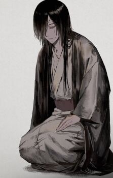 1boy bandage_over_one_eye black_hair closed_mouth commentary_request grey_background highres japanese_clothes kichigo_1218 long_hair male_focus matoba_seiji natsume_yuujinchou pink_eyes simple_background sitting solo