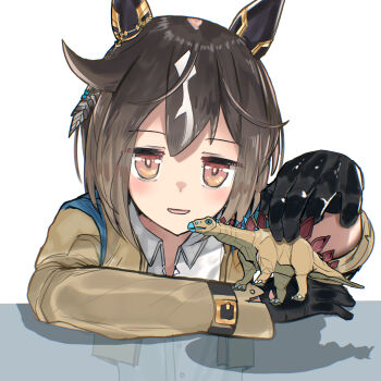 1girl absurdres advarcher animal_ears black_gloves brown_hair coat collared_shirt commentary_request ear_covers ear_ornament feather_hair_ornament feathers gloves hair_ornament highres horse_ears horse_girl jitome looking_at_viewer multicolored_hair name_connection object_namesake shirt simple_background solo stay_gold_(umamusume) stegosaurus toy_dinosaur umamusume white_background white_hair white_shirt yellow_coat