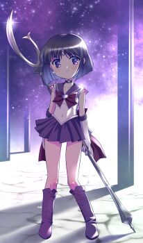 1girl absurdres back_bow bishoujo_senshi_sailor_moon black_hair blue_eyes boots bow choker circlet closed_mouth collarbone covered_navel earrings elbow_gloves flat_chest full_body glaive_(polearm) gloves heart highres himehachi_(hime8manga) holding holding_polearm holding_weapon jewelry legs_apart magical_girl miniskirt pleated_skirt polearm purple_boots purple_choker purple_sailor_collar purple_skirt red_bow sailor_collar sailor_saturn sailor_senshi_uniform shirt short_hair silence_glaive skirt sleeveless sleeveless_shirt smile solo split_mouth standing star_(symbol) star_choker super_sailor_saturn tomoe_hotaru weapon white_gloves white_shirt