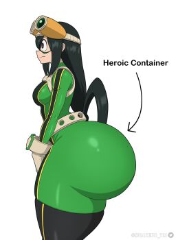 1girl ass asui_tsuyu black_hair bodysuit boku_no_hero_academia breasts evil_container_(meme) gloves goggles goggles_on_head hair_between_eyes huge_ass long_hair medium_breasts meme multicolored_bodysuit sidelocks snakebd solo superhero_costume thick_thighs thighs