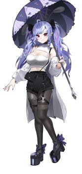 1girl absurdres ahoge amiris_(amiris76455574) bare_shoulders black_bag black_nails black_pantyhose black_shoes black_shorts breasts closed_mouth detached_sleeves full_body highres holding holding_umbrella large_breasts long_hair long_sleeves looking_at_viewer multicolored_hair pantyhose platform_shoes pointy_ears purple_hair red_eyes shoes shorts simple_background smile standing streaked_hair twintails umbrella vivian_banshee white_background white_hair zenless_zone_zero