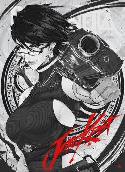 1girl aiming aiming_at_viewer bayonetta bayonetta_(series) bayonetta_2 breasts chest_harness closed_mouth commentary copyright_name earrings foreshortening glasses glint greyscale gun hair_between_eyes halter_leotard halterneck handgun harness highleg highleg_leotard highres holding holding_gun holding_weapon jewelry jhony_caballero large_breasts leotard light_smile looking_at_viewer magic_circle mole mole_under_mouth monochrome outstretched_arm ribbed_leotard short_hair solo spot_color text_background upper_body weapon