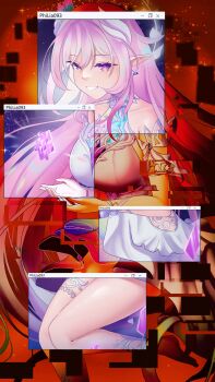 1girl absurdres bare_shoulders barefoot breasts commentary cyrene_(honkai:_star_rail) cyrene_(ripples_of_past_reverie)_(honkai:_star_rail) dress earrings english_commentary feet glitch halo highres honkai:_star_rail honkai_(series) jewelry large_breasts lilyheart548 long_hair multicolored_hair pink_hair pointy_ears purple_eyes puzzle_piece smile solo space thighs two-tone_hair very_long_hair white_dress white_hair