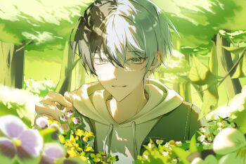 Rule 34 | 1boy, absurdres, aoyagi touya, blue hair, clenched teeth, commentary, drawstring, flower, hair between eyes, hands up, highres, hood, hood down, hoodie, jacket over hoodie, looking at viewer, male focus, mole, mole under eye, moonpe 3v3, multicolored hair, outdoors, project sekai, short hair, smile, solo, split-color hair, teeth, tree, two-tone hair, upper body, white hoodie