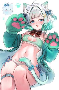 1girl :d absurdres animal_ear_fluff animal_ears animal_hands belt blue_bow blue_eyes bow bowtie bra breasts brown_bow brown_bowtie cat_cutout cat_ear_panties cat_ears cat_lingerie cat_tail cleavage cleavage_cutout clothing_cutout commentary detached_collar frilled_bra frills gloves gradient_hair green_bra green_hair green_jacket hair_ornament hairclip highres indie_virtual_youtuber jacket long_sleeves looking_at_viewer maid maid_headdress maru_ccy mint_fantome multicolored_hair navel off_shoulder open_mouth panties paw_gloves pointy_ears short_hair side-tie_panties simple_background small_breasts smile solo stomach symbol-only_commentary tail thigh_belt thigh_strap triangular_headpiece two_side_up underwear virtual_youtuber wavy_hair white_background white_hair wisps_(mint_fantome) x_hair_ornament