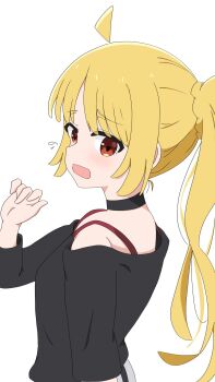 1girl ahoge awaco_ruku black_choker black_shirt blonde_hair blunt_bangs bocchi_the_rock! choker cosplay detached_ahoge embarrassed from_side highres ijichi_nijika ijichi_seika ijichi_seika_(cosplay) long_sleeves looking_at_viewer navel one_side_up open_mouth pants ponytail shirt side_ponytail simple_background solo striped_clothes striped_pants white_background