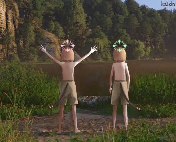 Rule 34 | 2girls, absurdres, alternate costume, animal ear headphones, animal ears, arms up, artist name, barefoot, blonde hair, blue archive, cat ear headphones, cat ears, cat tail, commentary, english commentary, fake animal ears, fake tail, from behind, game screenshot background, green halo, grey shorts, halo, headphones, highres, kai xin, kingdom come: deliverance, midori (blue archive), momoi (blue archive), multiple girls, o/, outdoors, outstretched arms, pink halo, scenery, screenshot background, short hair, shorts, sidelocks, standing, tail, topless female