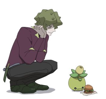 1boy black_pants brassius_(pokemon) burger commentary eating food green_eyes green_hair green_shoes grey_eyes highres holding holding_food interlocked_fingers long_sleeves male_focus nintendo own_hands_together pants pokemon pokemon_(creature) pokemon_sv rekcmas shoes simple_background smoliv squatting symbol-only_commentary white_background