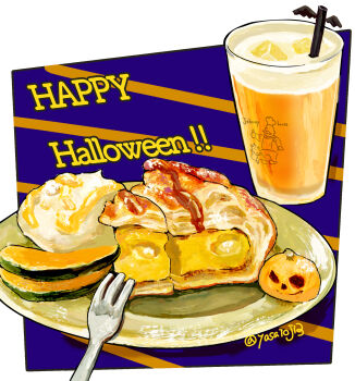 drink drinking_straw food food_focus fork happy_halloween highres ice ice_cube jack-o&#039;-lantern no_humans original pie pie_slice plate twitter_username yasaioji3