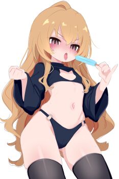 1girl aisaka_taiga black_thighhighs blush brown_hair female_focus food highres holding_food holding_popsicle kukuchi581 loli looking_at_viewer navel open_mouth panties popsicle simple_background solo standing stomach sweat thighhighs tongue tongue_out toradora! underwear white_background