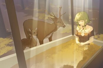artist_name black_dress deer dress forest glass_container green_hair gumi highres leaves nature sleeping vocaloid yellow_leaves