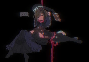 ... 2girls :o armband beads black_background black_bow black_bowtie black_jacket black_thighhighs bob_cut book bow bowtie brown_hair capelet covered_eyes crying dress elbow_gloves eva_beatrice flower frilled_capelet frilled_dress frills full_body gloves hair_beads hair_ornament highres holding holding_book intestines jacket lap_pillow looking_to_the_side lying multiple_girls noose puffy_sleeves purple_capelet purple_dress red_armband red_flower red_hair red_rose rose skirt spoken_ellipsis thighhighs umineko_no_naku_koro_ni ushiromiya_ange white_skirt zhenshidegancuiyaoqinidetuweiba