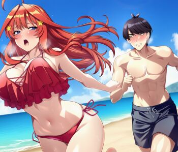 1boy 1girl ahoge bare_shoulders beach bikini black_hair blue_eyes blue_sky blush breasts breath cleavage cloud collarbone day floating_hair frilled_bikini frills go-toubun_no_hanayome hair_between_eyes hair_ornament heavy_breathing hetero itsukinakano1 large_breasts long_hair looking_at_another male_swimwear nakano_itsuki navel ocean open_mouth outdoors red_bikini red_hair running short_hair side-tie_bikini_bottom sky star_(symbol) star_hair_ornament stomach sweat swim_trunks swimsuit teeth thighs topless_male uesugi_fuutarou upper_teeth_only yellow_eyes