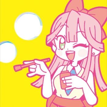 1girl :d bad_id bare_arms bare_shoulders bkub blue_necktie blush_stickers bottle bow bubble bubble_pipe collared_shirt dot_nose double-parted_bangs green_eyes hair_between_eyes hair_bow holding holding_bottle hoshifuri_sosogu hoshiiro_girldrop long_hair looking_at_viewer lowres necktie open_mouth pink_hair red_bow shirt simple_background sleeveless sleeveless_shirt smile solo teeth upper_body upper_teeth_only white_shirt