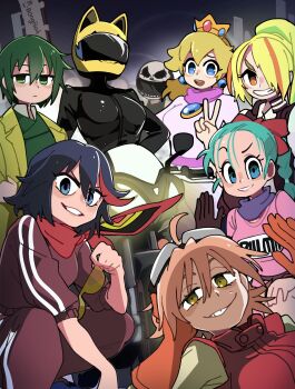 Rule 34 | 6+girls, absurdres, animal ear helmet, animal helmet, aqua hair, artist name, biker peach, black bodysuit, blonde hair, blue eyes, bodysuit, bongftah, braid, braided ponytail, breasts, brown gloves, bulma, celty sturluson, character name, clothes writing, commentary, crossover, crown, dragon ball, dragon ball (classic), durarara!!, earrings, eyebrows hidden by hair, flcl, gloves, goggles, goggles on head, green hair, grin, hair between eyes, hair over one eye, haruhara haruko, helmet, high ponytail, highres, holding, holding removed eyewear, jacket, jewelry, justice gakuen, kazama akira, kill la kill, large breasts, long hair, long sleeves, looking at viewer, mario (series), mario kart, mario kart wii, matoi ryuuko, medium breasts, medium hair, motor vehicle, motorcycle, motorcycle helmet, multicolored hair, multiple crossover, multiple girls, nikaidou saki, nintendo, orange gloves, pants, pink hair, ponytail, princess peach, red pants, red track jacket, red track suit, short hair, skull print, smile, squatting, streaked hair, sunglasses, symbol-only commentary, tank top, track suit, trait connection, unworn eyewear, yellow eyes, yellow helmet, zombie land saga