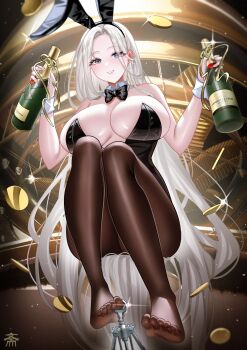 1girl absurdly_long_hair absurdres animal_ears azur_lane black_bow black_bowtie black_hairband black_leotard black_pantyhose bottle bow bowtie breasts commentary_request detached_collar fake_animal_ears feet full_body grey_eyes hair_ornament hairband highres holding holding_bottle large_breasts leotard long_hair looking_at_viewer official_alternate_costume pantyhose parted_lips playboy_bunny rabbit_ears sideboob sitting smile solo tansuan_(ensj3875) thighs very_long_hair white_hair wrist_cuffs yorktown_(azur_lane) yorktown_ii_(an_evening's_companionship)_(azur_lane) yorktown_ii_(azur_lane)