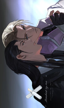 Rule 34 | 2boys, absurdres, black gloves, black hair, black jacket, black necktie, black shirt, blonde hair, blue eyes, coat, collared shirt, commentary request, cosmetics, earrings, final fantasy, final fantasy vii, final fantasy vii remake, fingerless gloves, gloves, hair pulled back, half updo, highres, jacket, jewelry, lipstick tube, long hair, looking at another, male focus, multiple boys, necktie, parted bangs, parted lips, red eyes, rufus shinra, shirt, short hair, shou rou, sideburns, suit jacket, tseng, upper body, white coat, white shirt, yaoi