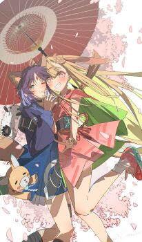 2girls absurdres animal_ears blonde_hair blush cherry_blossoms cho_kaguya-hime! commentary_request coomlee crescent crescent_hair_ornament dog dog_ears dog_tail fox_ears fox_tail green_eyes grin hair_ornament highres holding holding_umbrella japanese_clothes kaguya_hime_(onmyoji) kimono long_hair long_sleeves looking_at_viewer lop_rabbit_ears multiple_girls obi oil-paper_umbrella one_eye_closed petals purple_hair rabbit_ears red_umbrella sakayori_iroha sash shoes short_hair smile socks tail umbrella