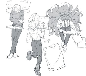 Rule 34 | 3girls, book, bow, breasts, collared shirt, crossed legs, don quixote (project moon), faust (project moon), greyscale, hair bow, hairband, highres, ishmael (project moon), kkolo432271, large breasts, limbus company, long hair, long sleeves, lying, monochrome, multiple girls, necktie, on stomach, pants, pillow, project moon, reading, ribbed socks, ribbed sweater, rope, shirt, short hair, simple background, sitting, socks, sweater, very long hair
