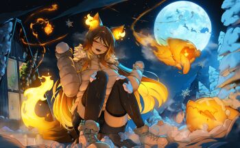 1girl alternate_costume animal_ears black_shorts black_thighhighs brown_hair colored_inner_hair commentary english_commentary fiery_tail fire full_moon greatodoggo highres holding holding_snowball indie_virtual_youtuber jacket moon multicolored_hair orange_hair orange_streaks outdoors pyro_pup_(sinder) second-party_source shoes shorts sinder_(vtuber) sky smile snow snowball solo star_(sky) starry_sky streaked_hair tail teeth thighhighs upper_teeth_only virtual_youtuber white_jacket white_shoes wolf_ears wolf_girl wolf_tail