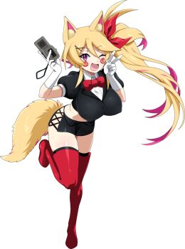 1girl ;d animal_ears black_jacket blonde_hair boots borrowed_character bow bowtie breasts clothing_cutout collared_shirt colored_inner_hair commission covered_erect_nipples cropped_jacket double-parted_bangs flipped_bangs full_body gloves hair_ornament hands_up hanging_breasts happy highres hip_vent holding jacket knee_up large_breasts leaning_forward long_hair looking_at_viewer micro_shorts midriff multicolored_hair nashirasauce navel one_eye_closed open_mouth original pink_hair puffy_short_sleeves puffy_sleeves purple_eyes red_boots red_bow red_bowtie shirt short-sleeved_jacket short_sleeves shorts side_ponytail simple_background smile solo standing standing_on_one_leg tachi-e tape_recorder thigh_boots thighhighs transparent_background v white_gloves wing_collar x_hair_ornament yellow_tail zettai_ryouiki