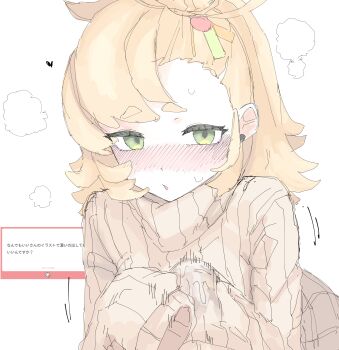 1girl absurdres blonde_hair blush earrings green_eyes hair_ornament heart highres jewelry long_hair looking_at_viewer mocamocaink motion_lines open_mouth piper_wheel ribbed_sweater short_eyebrows simple_background sleeves_past_fingers sleeves_past_wrists solo steam steaming_body sweat sweater thick_eyebrows upper_body white_background zenless_zone_zero