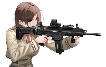 1girl absurdres aiming assault_rifle brown_hair brown_shirt casing_ejection commission cz_805_bren eotech grey_eyes gun highres long_sleeves looking_through_scope lycoris_recoil lycoris_uniform military optical_sight original pixiv_commission red_ribbon revision ribbon rifle rynn_(rynn_cube) scope shell_casing shirt short_hair simple_background solo tactical_clothes weapon white_background