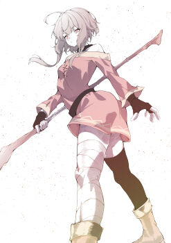 1girl absurdres ahoge arched_back ass_peek asymmetrical_legwear bandaged_leg bandages belt belt_collar black_gloves black_thighhighs boots collar commentary dress feet_out_of_frame fingerless_gloves foreshortening from_below gan_jia_shu gloves highres holding holding_staff kono_subarashii_sekai_ni_shukufuku_wo! long_sleeves megumin mismatched_legwear off-shoulder_dress off_shoulder red_dress red_eyes short_dress short_hair_with_long_locks simple_background single_thighhigh solo staff standing thighhighs twisted_torso white_background zettai_ryouiki