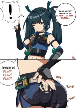 ! 1girl 2koma ass black_choker black_gloves blunt_bangs braid choker comic crop_top elbow_gloves english_text fingerless_gloves flat_chest gloves green_eyes highres jpno loli long_hair looking_at_viewer midriff navel one_eye_closed open_mouth qingyi_(zenless_zone_zero) short_shorts shorts simple_background solo speech_bubble spoken_exclamation_mark twintails white_background zenless_zone_zero