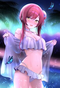 1girl absurdres alternate_hairstyle bare_shoulders bikini blush breasts bug butterfly choker cleavage collarbone commentary_request flower frilled_bikini frills hair_bun hair_flower hair_ornament hair_ribbon highres idolmaster idolmaster_shiny_colors insect long_hair looking_at_viewer medium_breasts navel night open_mouth osaki_amana outdoors partially_submerged red_hair ribbon shingi_(truth_fakesingi) single_hair_bun single_side_bun sky smile solo standing swept_bangs swimsuit wading water wet white_bikini white_choker yellow_eyes